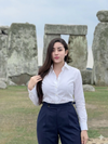 Navy Blue High-Waist Buckle Pants